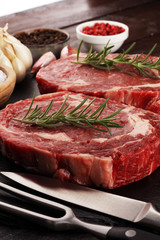 Steak raw. Barbecue Rib Eye Steak, dry Aged Wagyu Entrecote Steak.