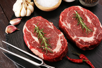 Steak raw. Barbecue Rib Eye Steak, dry Aged Wagyu Entrecote Steak.