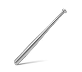 3d rendering of a single metal baseball bat with shining surface standing on a white background.