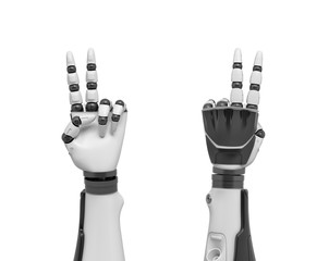 3d rendering of two robotic arms with the index and the middle fingers sticking out.