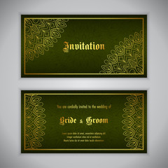 Luxury wedding invitation with golden ornament. Vector illustration