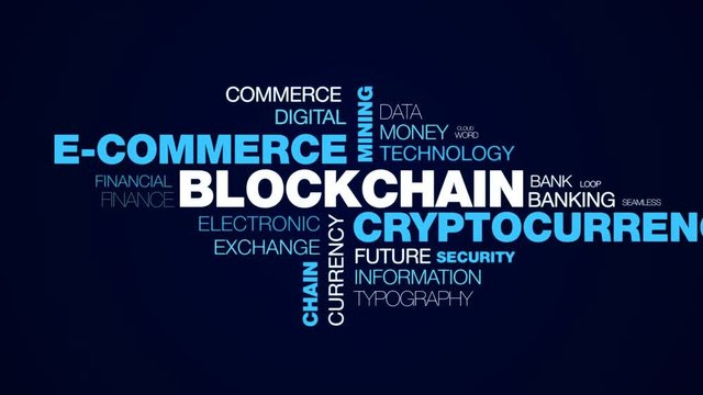 blockchain cryptocurrency e-commerce mining bitcoin block economy ethereum business chain token animated word cloud background in uhd 4k 3840 2160.