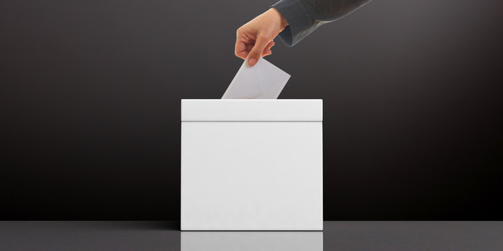 Hand inserting an envelope in a white blank ballot box on black background, copy space. 3d illustration