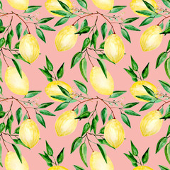 Seamless watercolor pattern. Yellow lemons  on pink background.
