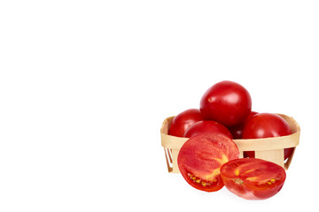Fresh organic red tomato with package isolated on the white background, copy space template.