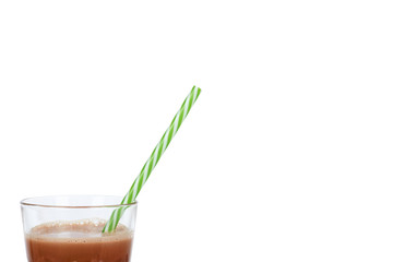 Glass of chocolate milk cocoa and straw isolated on white background, copy space template
