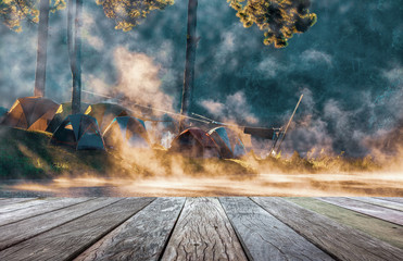 Empty wooden floor isolated on misty morning on a lakeside © somchairakin