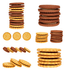 set of different Cookies with cream filling isolated on white background