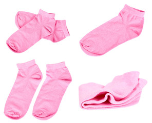 set of different Fashionable pink socks isolated on a white background