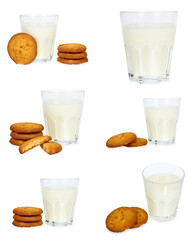 set of different Glass of milk and homemade cookies isolated on white background.