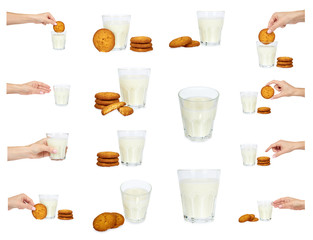 set of different Glass of milk and homemade cookies with hand isolated on white background.