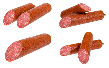 set of different smoked salami sausage piece isolated on white background.