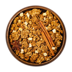 Apple Cinnamon Granola Isolated on a White Background. Selective focus.