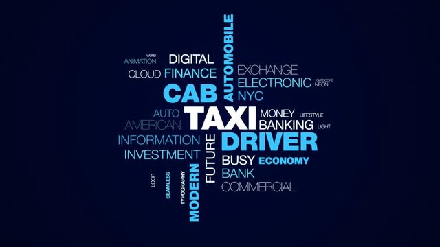 taxi driver cab automobile city contemporary commerce metropolitan passenger modern uber animated word cloud background in uhd 4k 3840 2160.