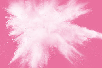 White powder explosion  on pink background. White dust splash cloud on pink background.