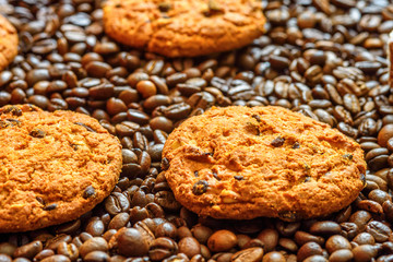 Obraz na płótnie Canvas chocolate shortbread cookies on a background of coffee beans