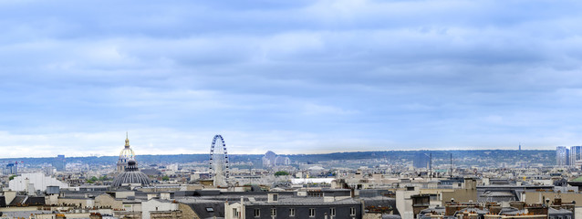 Panorama of Paris skyline with view of landmarks, Dome les Invalides, Pantheon, Ferris wheel at concorde, Gallerie Lafayete roof