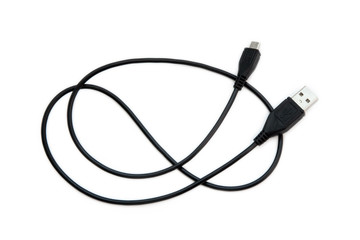 black USB cable on a white background.