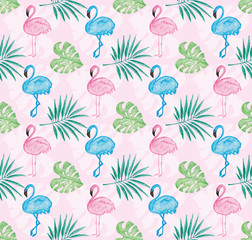 Tropical pattern with pink background and watercolor painted  flamingo and leaves - obrazy, fototapety, plakaty