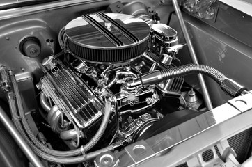 Customized car engine in black and white showing much detail