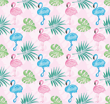 Tropical pattern with pink background and watercolor painted  flamingo and leaves