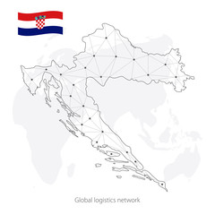Global logistics network concept. Communications network map Republic of Croatia on the world background. Map Croatia with nodes in polygonal style and flag. Vector illustration EPS10. 