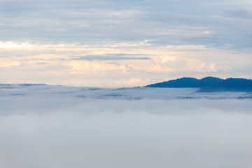 The landscape photo, beautiful sea fog in morning time in Thailand