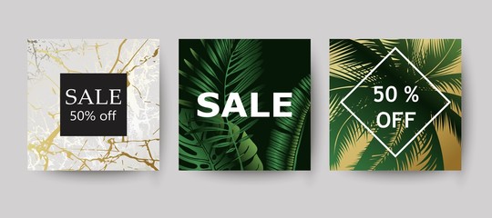 Sale background template. Exotic palm leaves card.