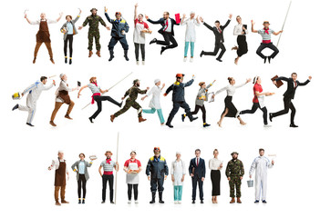 Fototapeta na wymiar Collage of different professions. Group of men, women in uniform running at studio isolated on white. Full length of people with different occupations. Buisiness, professional concept