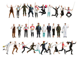 Fototapeta na wymiar Collage of different professions. Group of men, women in uniform running at studio isolated on white. Full length of people with different occupations. Buisiness, professional concept