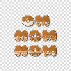 Om nom nom inscription made of gingerbread cookies with icing on transparent background. Vector Illustration