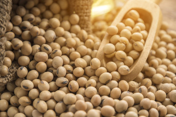 closeup is some soybeans with wooden spoon