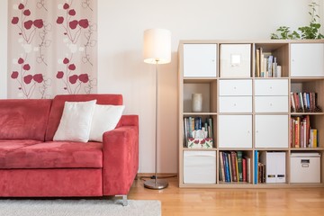 Living room with a red sofa with white pillows and decoration above it as well as book shelves with books and boxes. A lighted lamp is in the middle of the room.