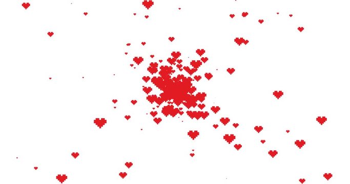 Alpha channel. Happy Valentine's Day banner. Motion design. Greeting e-card. Animation for wedding. Beating red heart on white transparent background. Digital pixel valentine card. Explosion particle