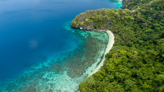 Aerial drone view of a beautiful, sandy tropical beach in Palawan, Philippines