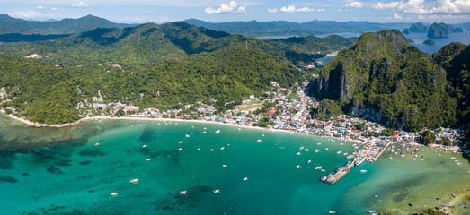 Aerial panoramic view of the picturesque town of El Nido on the island of Palawan, Philippines