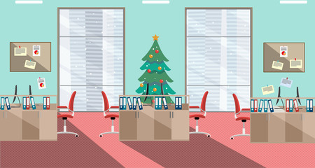 flat illustration of new year office interior with large windows in skyscraper with furniture and computers. Open space for 6 people. Order on tables, folders, scraps on walls, christmas tree and snow