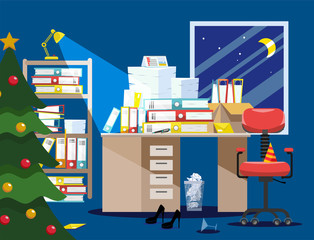 new year Night Period of accountants and financier reports submission. Pile of paper documents, file folders in cardboard boxes on table. Flat vector illustration windows, chair and christmas tree