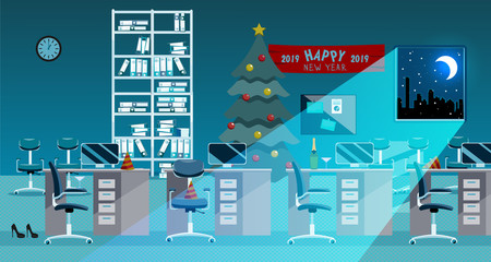 Fototapeta na wymiar Flat vector illustration office room interior at new year night. Open space without people. Order on tables, document folders, turquoise moon light, christmas tree, file rack with documents, clock
