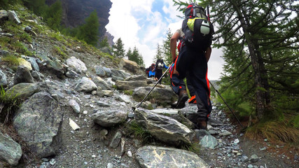 MontBlanc, France - 28 Jul, 2016: Group of hikers at hiking expedition in Alps mountains in France