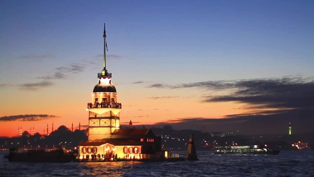 Istanbul Leanders Tower (KIZ Kulesi) from the east in sunset. In the distance are such landmarks as Blue Mosque, Hagia Sophia and Topkapi Palace. Maidens Tower, Istanbul