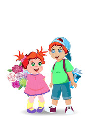 Cartoon illustration of cute little kids with flowers and present.
