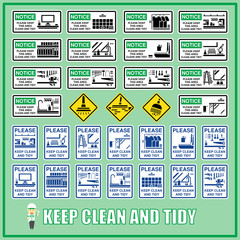Set of notice signs of please keep this area clean and tidy are use to remind people to care of their home and working environment. Housekeeping notification signs.