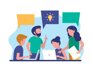 Team work concept illustration. Idea, office work, business meeting. Men and women at a discussion, working together. Flat style modern vector illustration.