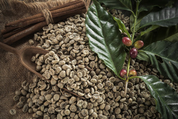 Cup of coffee, bag and scoop on old rusty background