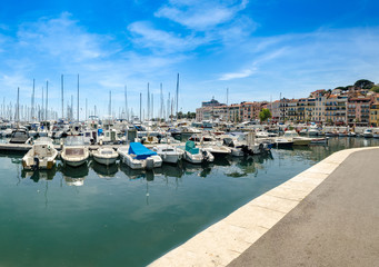 Fototapeta na wymiar Panoramic view of bright colorful boats in the port of Nice, Cote d’Azur, French Riviera, France