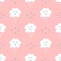 Seamless pattern for girls. Repeating stars, cute clouds with smiling face and rain drops in the form of hearts.