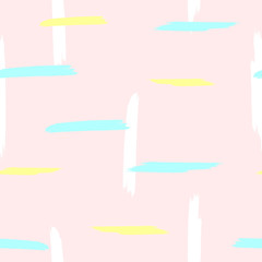 Seamless pattern with repeating lines painted with rough brush. Sketch, watercolour. Pink, white, turquoise, yellow.