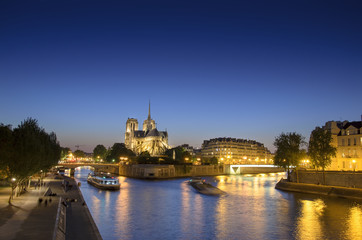 Notre Dame de Paris Cathedral and Seine River with tourist boat at night