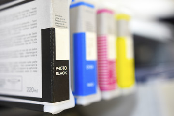 Large printer format inkjet cartriges detail black, cyan, magenta, yellow color